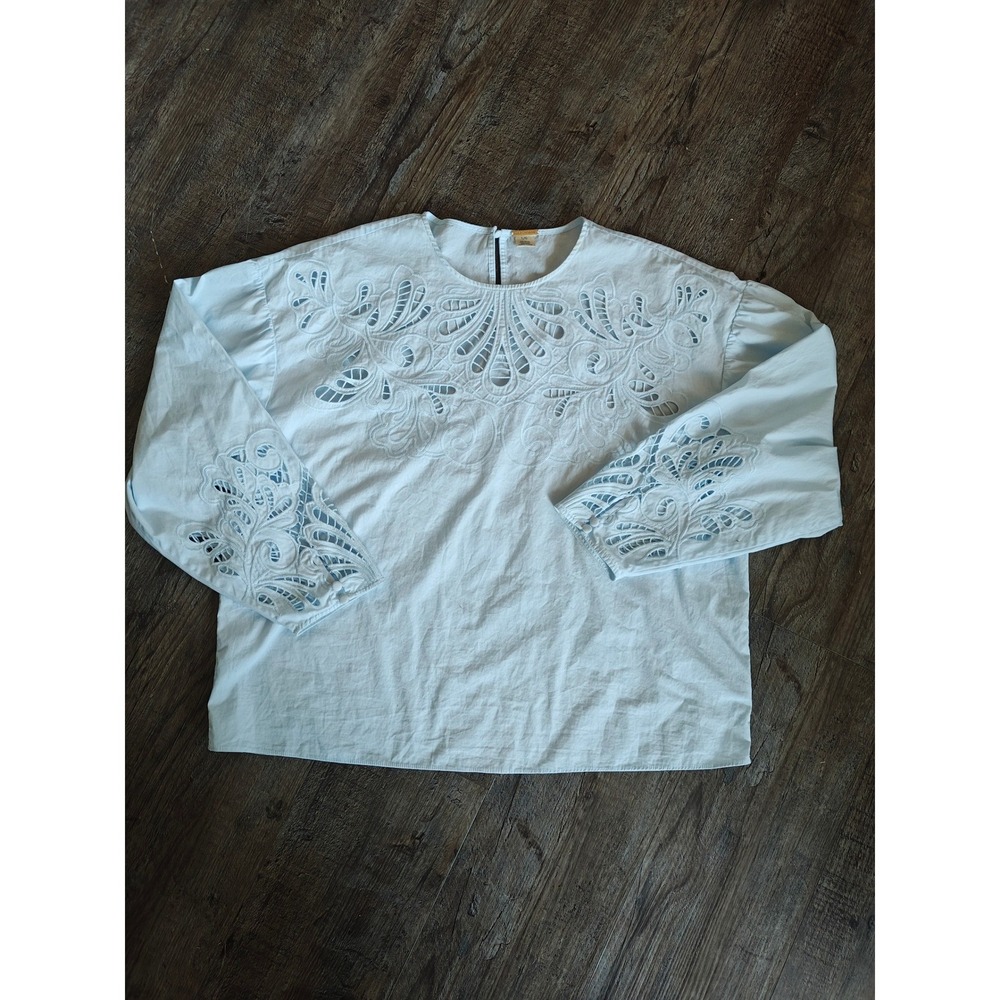 Magaschoni Luxury Light Blue Cotton Cut Out Embroidery Lace Blouse Top Large
